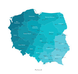 Wall Mural - Vector isolated illustration. Simplified administrative map of Poland (in blue colors) . Names of Polish cities and provinces. White background