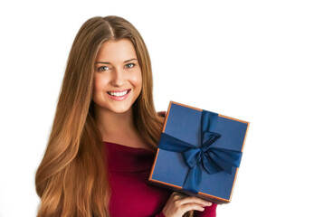 Wall Mural - Birthday, Christmas or holiday present, happy woman holding a blue gift or luxury beauty box subscription delivery isolated on white background, portrait