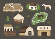 Countryside collection, horses farm, paddock with fence. Set of village houses, stables, rider. Flat vector illustration.