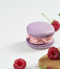 One purple macaroon and red raspberries on a white background.