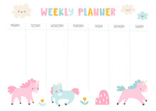 Timetable With Cute Unicorns. Girly Weekly Planner. Scandinavian Vector Design Of Timetable For Baby Girls.