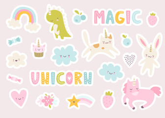 Wall Mural - unicorn animals stickers set. cute baby unicorns collection. girly kawaii sticker pack.