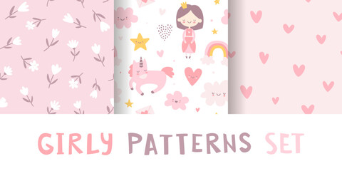 Wall Mural - girly pattern collection. cute seamless pink vector prints set. romantic baby patterns.