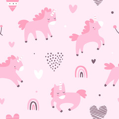 Wall Mural - Cute pink pattern with unicorns and hearts. Girly vector seamless print for textile and nursery.
