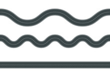 Vector Illustration Of Bending Road With White Markings Isolated On White Background. Seamless Pattern Empty Asphalt Road With Turns In Top View. Winding Highway Template.
 
