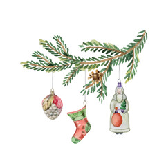 Wall Mural - watercolor vector fir twig with vintage christmas toys.