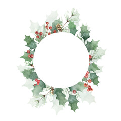 Watercolor vector Christmas frame with fir branches and holly jolly.