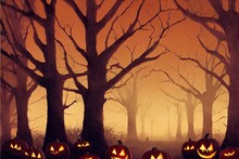 Dark Forest With Orange Halloween Theme And Pumpkins