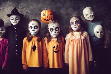 children with scary halloween masks and a pumpkin