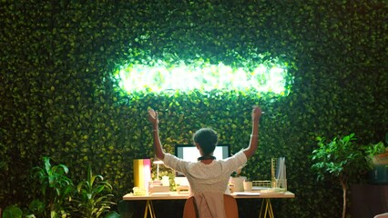 Aufkleber - Creative web designer woman, celebration and success at website search engine project goal at SEO startup agency. Happy, excited and winner girl celebrate digital marketing company profit growth data