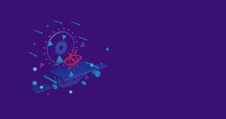 Poster - Pink vision symbol on a pedestal of abstract geometric shapes floating in the air. Abstract concept art with flying shapes on the left. 3d illustration on deep purple background