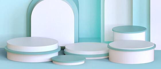 Aufkleber - Abstract background. Cylinder podium stage showcase and Product presentation for Minimal wall on green background. Minimal design, stage, mock up, show cosmetic, copy space, banner- 3d Rendering