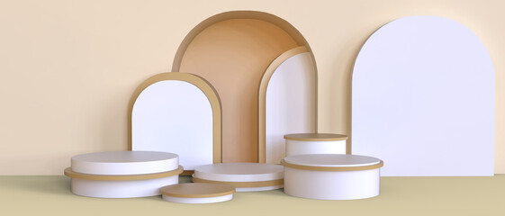 Aufkleber - Abstract background. Cylinder podium showcase and Product presentation for Minimal wall on yellow background. stage, mock up, show cosmetic product, copy space, digital, banner, website -3d Rendering