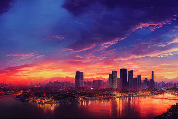 Canvas Print - cartoon drawing BangkokThai Beautiful view of the chao phraya river with Modern high rise buildings in the evening time, Good time for waiting the sunset last light of the day Nice city view Sele.