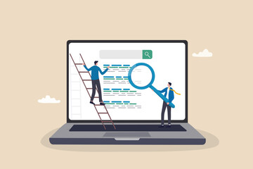 Poster - SEO ranking, search engine optimization to improve search result position to be on top and make more traffic to websites concept, businessman marketing team move website ranking on search result page.