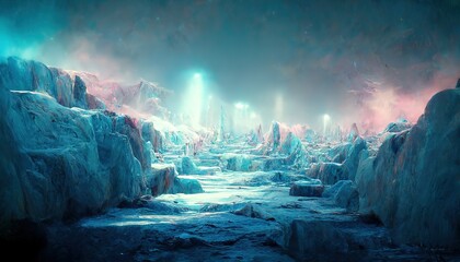 Poster - The artificial light of lanterns illuminates the ice mountains and the passage between them. 3D rendering