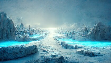 Poster - A snowy trail among icy mountains leads to sunshine. 3d illustration