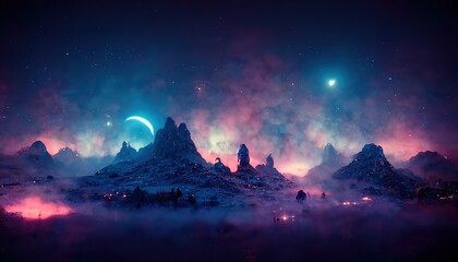 Poster - Mountain landscape at night under a starry sky. 3D rendering