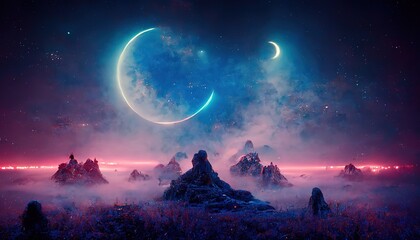 Poster - The starry sky and sunset illuminate the mountains in the field. 3d illustration