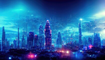 Aufkleber - The sky of the metropolis at night is lit up with a blue sky. 3D rendering