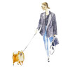Hand-drawn watercolor illustration young fashionable woman with pomeranian spitz on the street. Urban modern illustration