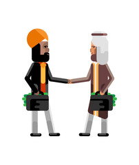 Wall Mural - Business meeting arabic and indian businessmen with money suitcases. Corporate multicultural business people isolated vector illustration in linear style.