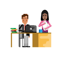 Poster - European businessman working in office and indian secretary with documents near here. Corporate multicultural business people isolated vector illustration.