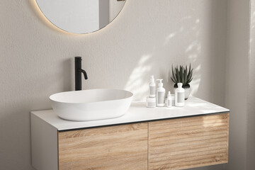 Wall Mural - Close up of white sink with oval mirror standing in on white wall , wooden cabinet with black faucet in minimalist bathroom. Mock up stand for display of product. 3d rendering
