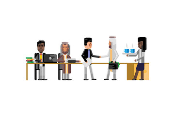 Wall Mural - Business meeting asian businessman with arab investor, african secretary with coffee cups. Corporate multiethnic business people isolated vector illustration.