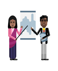 Canvas Print - Indian woman and african man doing business presentation near whiteboard with diagram in conference room. Corporate multicultural business people vector illustration.