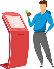 Poster - Man at self service kiosk semi flat color raster character. Standing figure. Full body person on white. Terminal isolated modern cartoon style illustration for graphic design and animation