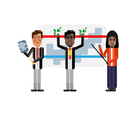 Wall Mural - Multiethnic business staff doing presentation near whiteboard with financial diagram. Corporate multicultural business people isolated vector illustration.