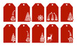 Christmas gift tags. Collection of red paper tags with gnome,deer,noel,tree,snowflake for papercut. Cards xmas vector set. Collection of holiday paper label. Seasonal badge sale design