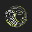 Vector logo for Football Sport, isolated modern emblem with illustration of flying soccer ball over football field, decorative line art sports badge for soccer club on dark background