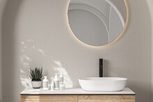 Close Up Of White Sink With Oval Mirror Standing In On White Wall , Wooden Cabinet With Black Faucet In Minimalist Bathroom. Mock Up Stand For Display Of Product. 3d Renderingv