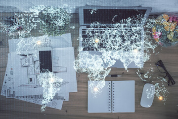 Poster - Social network hologram drawings over computer on the desktop background. Top view. Double exposure.