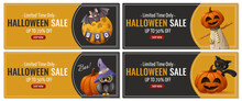 Set Of Halloween Sale Flyer. Scarecrow, Pumpkins With Owl And Hat, Moon, Bat And Cat. Narrow Format For Banner, Poster