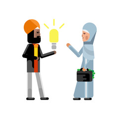 Canvas Print - Indian businessman holding idea light bulb and arabic businesswoman with money suitcase. Corporate multicultural business people vector illustration.