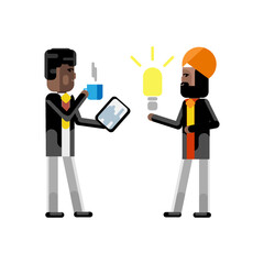 Poster - Indian man holding idea light bulb and african businessman with coffee cup and tablet pc. Corporate multicultural business people vector illustration.