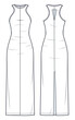 Women's maxi Dress technical fashion illustration. Jersey Dress fashion flat technical drawing template, fitted body, cutout, back slit, front and back view, white color, CAD mockup.