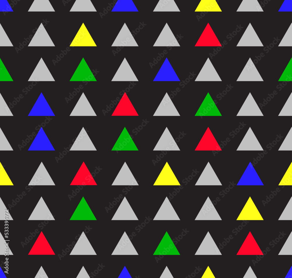 Triangular geometric shapes are arranged in alternate colors and evenly spaced on a black background. It's a seamless pattern. Can be used as a pattern for a rug or a pattern of the fabric