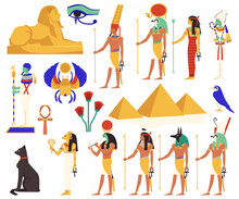 Set Of Egyptian Gods And Religious Symbols, Flat Vector Illustration Isolated.