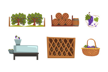 Sticker - Wine production process. Grape harvesting, crushing, pressing, fermenting, aging cartoon vector illustration