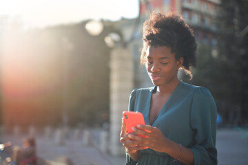 Wall Mural - young woman uses a smartphone in the city