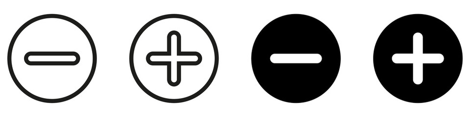 Plus and Minus icon shape button set. Add, zoom, cross, positive logo symbol. Cancel, delete, exit negative line sign