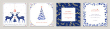 Business Holiday Cards. Universal Christmas Templates With Decorative Christmas Tree, Reindeers, Christmas Ornament, Floral Background And Frame With Copy Space, Birds And Greetings. 