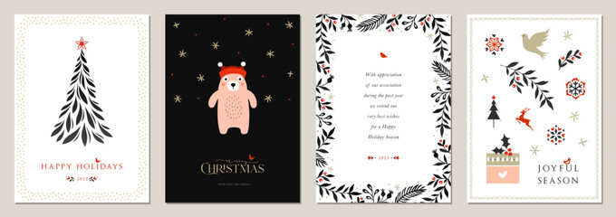 Wall Mural - winter scandinavian holiday cards. christmas templates with decorative christmas tree, teddy bear, g