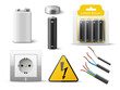 © YummyBuum - Realistic electricity elements. 3d power objects, different types alkaline batteries in transparent blister package, color cables, electric socket, yellow high voltage sign utter vector set