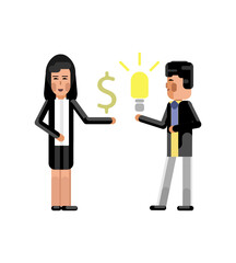 Wall Mural - Asian businessman holding idea light bulb and businesswoman with dollar sign in hand isolated vector illustration.