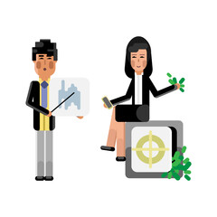 Poster - Asian businessman showing financial diagram and businesswoman with smartphone sitting on bank safe full of money isolated vector illustration.